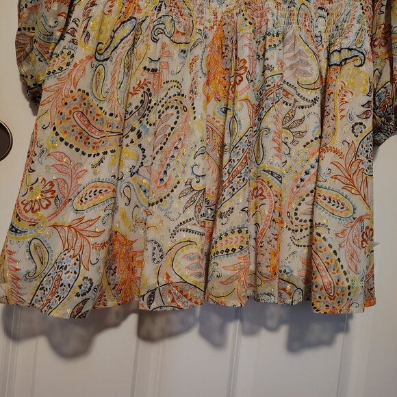 Boston Proper Paisley Bell Sleeves Metallic Threaded Mini Dress Smocked Waist - Picture 7 of 14